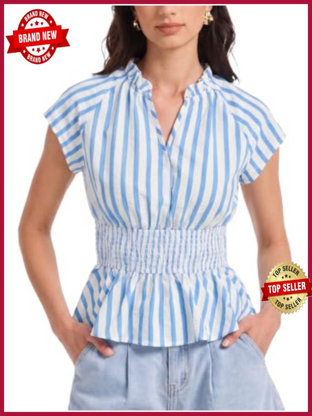 Striped Peplum Top V Neck Smocked Cap Sleeve T Shirt Blouse
